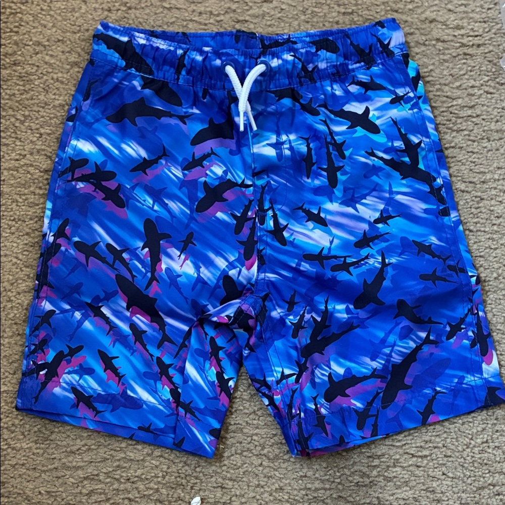 Lands' End Kids Blue and Black Shark Swim Trunks